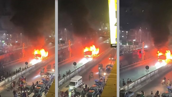 এবার রাজধানীর ধোলাইপাড়ে চলন্ত বাসে আগুন