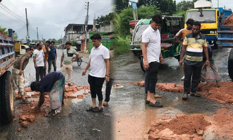 যশোর-মনিরামপুর মহাসড়কের ভাঙা অংশ নিজস্ব অর্থায়নে সংস্কার করলেন রাজু আহমেদ