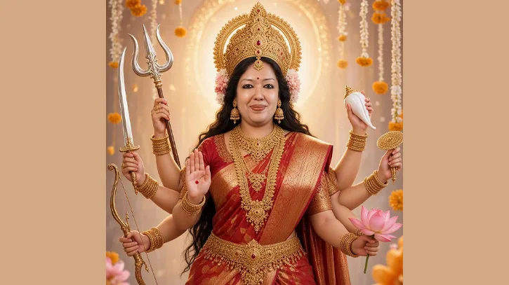 দেবী দুর্গার সাজে নজর কাড়লেন রুমিন ফারহানা