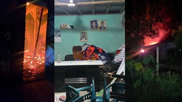 জয় বাংলা স্লোগান দিয়ে বিএনপি কার্যালয়ে হামলা-ভাঙচুর, আ. লীগ নেতার বাড়িতে আগুন