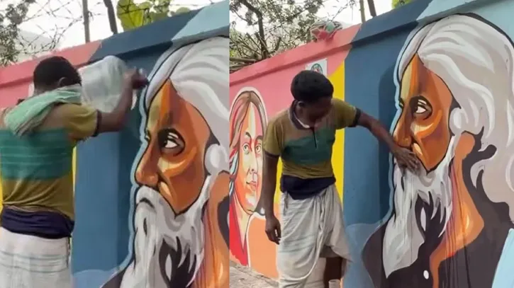 রবীন্দ্রনাথের গ্রাফিতির কালি মুছলেন রিকশাচালক, সামাজিক মাধ্যমে ভাইরাল