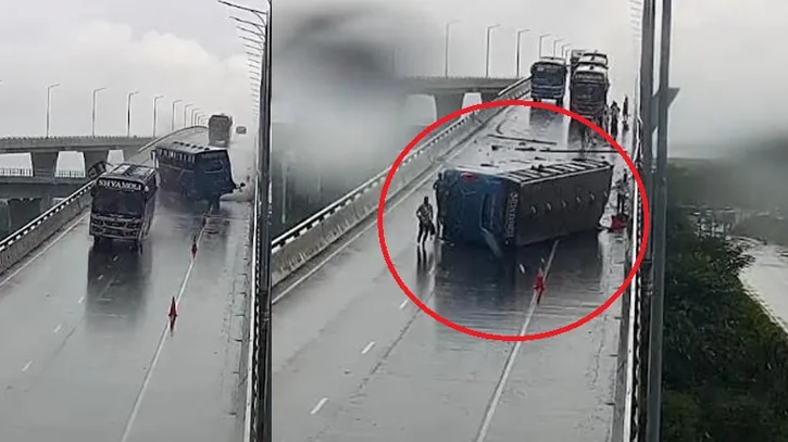 পদ্মা সেতুর ঢালে নিয়ন্ত্রণ হারিয়ে উল্টে পড়ল বাস, আহত ১০