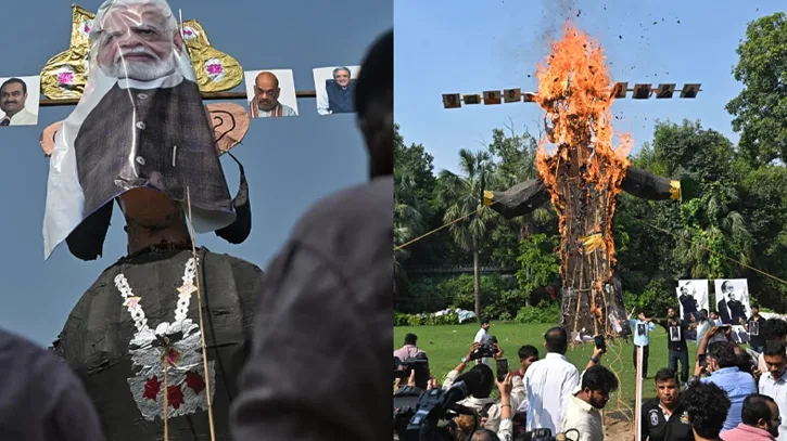 মোদির ছবি বসানো রাবণের কুশপুত্তলিকা পোড়ালেন ভারতীয় বিক্ষোভকারীরা